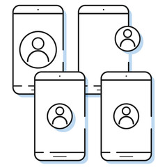 Four smartphone icons with user account in simple line style. Outline cell phone vector.