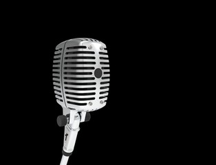 3D rendering of a classic metal chrome microphone isolated on black background