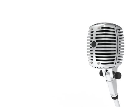 3D rendering of a classic metal chrome microphone isolated on white background