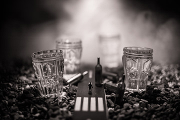 Selection of alcoholic drinks on rustic wood background. Creative artwork decoration