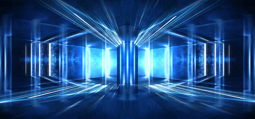 Dark tunnel, corridor. Neon light, reflection of light, lamps on the walls of brick, the old room, illuminated by floodlights. Abstraction with neon. Blue background with m lines and rays.