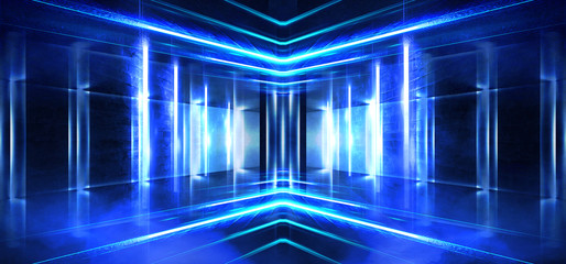 Dark tunnel, corridor. Neon light, reflection of light, lamps on the walls of brick, the old room, illuminated by floodlights. Abstraction with neon. Blue background with m lines and rays.