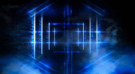Dark tunnel, corridor. Neon light, reflection of light, lamps on the walls of brick, the old room, illuminated by floodlights. Abstraction with neon. Blue background with m lines and rays.