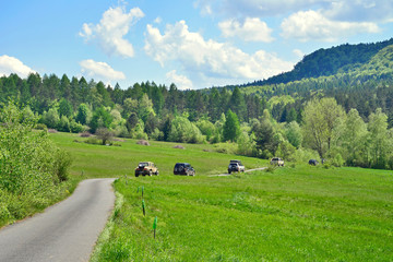 Off-road cars driving along  winding road among the green hills in spring sunny day, Low Beskids (Beskid Niski), Poland - obrazy, fototapety, plakaty