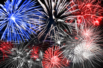 Blue white and red fireworks background, 2025 new year, US elections or patriotic festive...