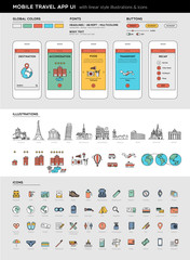 Mobile Travel App UI with linear style illustrations and icons. 