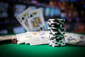 Fototapeta premium Casino element isolation on the colorful, Slot machine, Roulette while, Dice, Casino chip - image