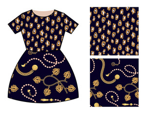 Modern dress skirt pattern design for girls. Blue and gold chains leopard stains modern clothes print set.
