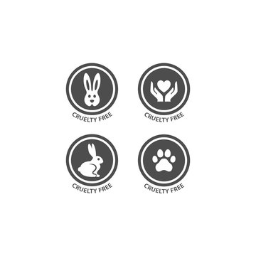 Cruelty Free Vector Circle Label Stamp Set. Cruelty Free Badge With Bunny Rabbit, Dog Paw Print And Hands With Heart.