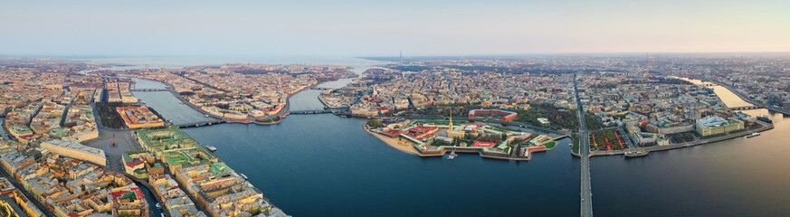 Panorama of the spit of Vasilyevsky island, Palace Square, the Hermitage, Peter and Paul Fortress and Petrograd Island.. Aerial view. The Neva river, St. Petersburg, Russia