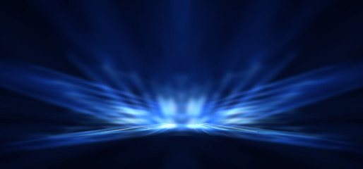 Dark empty abstract scene, rays of searchlights, neon blue light, highlights and lights. Night view of the scene, a tunnel with illumination. Dark background with spotlights.