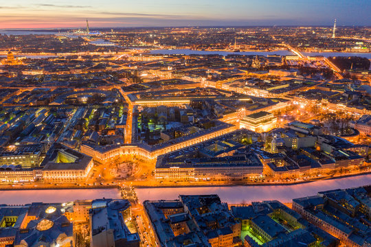 The historical centre of Saint-Petersburg, shot by drone. Aerial top view