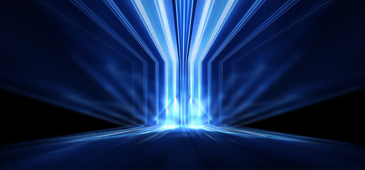 Dark empty abstract scene, rays of searchlights, neon blue light, highlights and lights. Night view of the scene, a tunnel with illumination. Dark background with spotlights.