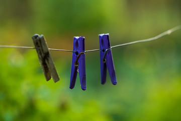 Rope on a green background, in rays of the sunset sun with plastic violet and wooden clothespegs for drying of linen. Background.