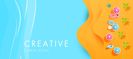 Creative abstract summer cover with sea, beach, sand, sun beds and umbrellas with space for text.