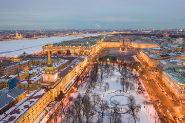 Aerial view cityscape of city center, Palace square, State Hermitage museum (Winter Palace), Neva...