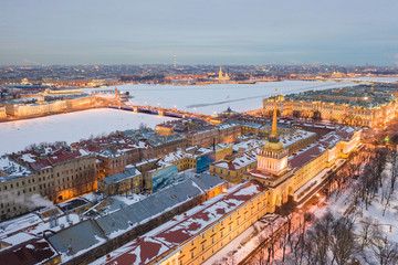 ST. PETERSBURG, RUSSIA - MARCH, 2019: Aerial view cityscape of city center, admiralty house, State Hermitage museum (Winter Palace)