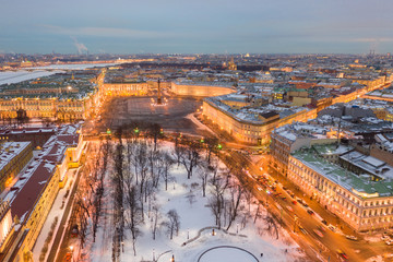 Aerial view cityscape of city center, Palace square, State Hermitage museum (Winter Palace)