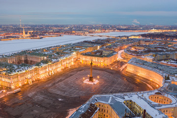 Aerial view of Palace Square and Alexander Column, the Winter Palace, the Hermitage, little people...