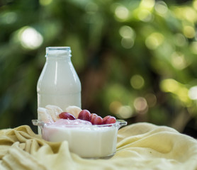 Healthy milk yogurt with grapefruit and banana on green background , healthy concept