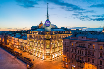 ST. PETERSBURG, RUSSIA - MARCH, 2019: Au Pont Rouge store class luxury (in English "Near the Red Bridge") one of the most beautiful historical buildings of St Petersburg, built in 1907.
