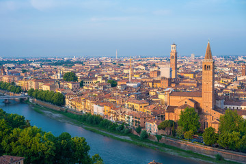Fototapeta na wymiar Verona. Image of Verona, Italy during summer sunrise. The famous tourist sight. Main observation deck.