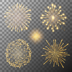 Set of five fireworks bursting in various shapes. Firework explosion in night. Firecracker rockets bursting in big sparkling star balls - obrazy, fototapety, plakaty