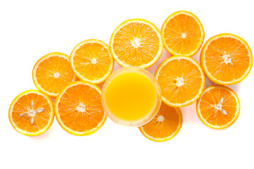 Round orange slices on a white background. Citrus tropical fruit background. Bright food. Dietary vitamin nutrition. A lot of vitamin C.