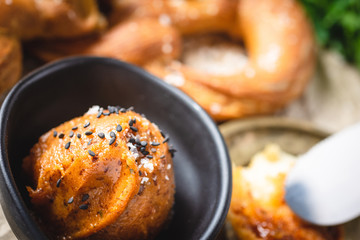 Fresh Bavarian Pretzel with Homemade Mangalica Fat Spread. Traditional Cuisine.