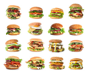Set of delicious burgers on white background - obrazy, fototapety, plakaty