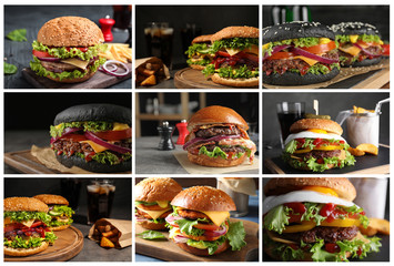 Collage of different delicious burgers on tables