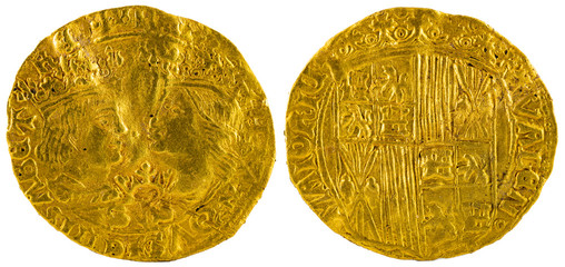 Ancient Spanish gold coin of the Kings Fernando e Isabel. Catholic kings. Coined in Valencia. Ducado.