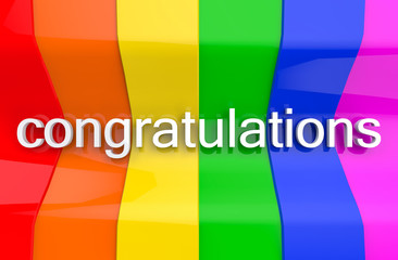 3d rendering. Congratulations word on Lgbt rainbow curve wall background.