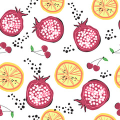 Bright seamless pattern with doodle style fruits