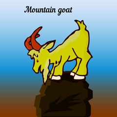 Obraz premium Mountain goat on top, looking down, cartoon character, nature background