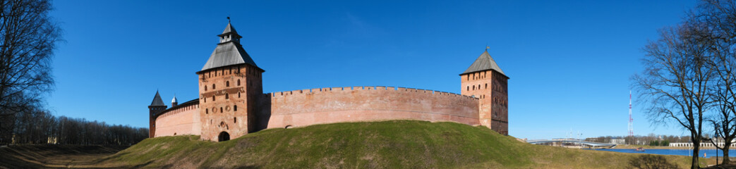 Fototapeta na wymiar Panorama the Kremlin walls in Novgorod the Great (Veliky Novgorod), Russia