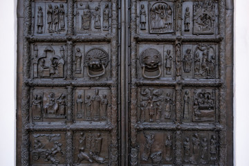 Close-up of theancient bronze Magdeburg Gates (1153) of Saint Sophia Cathedral in Veliky Novgorod