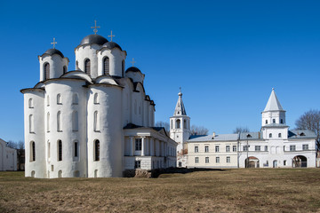 Yaroslav's Court in Veliky Novgorod. Nikolo-Dvorishchensky Cathedral, an important historical tourist site of Russia.