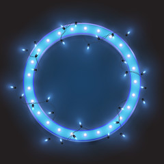 Blue retro neon circle frame, led shiny lights garland, vector illustration