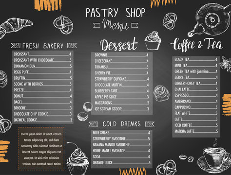 Dessert shop or bakery menu template with hand drawn pastries