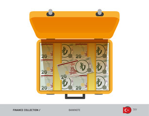 Yellow case with 20 Turkish Lira Banknotes. Flat style vector illustration. Salary payout or corruption concept.