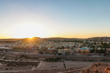 Panorama skyline view of sunset in the desert town Ghardaia