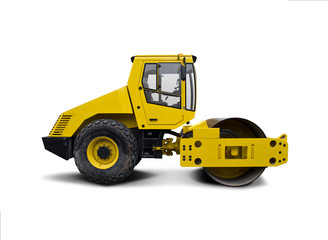 Yellow road roller side view isolated on white	