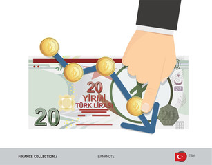 Exchange rate graph with 20 Turkish Lira Banknote and coins. Flat style vector illustration. Business concept.