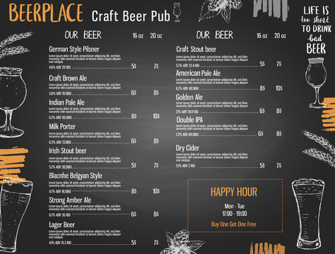 Beer menu template for pub or brewery with hand drawn elements