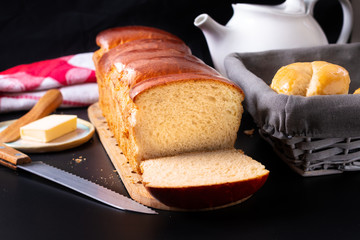 Food bakery concept Fresh baked homemade hokkaido Bread loaf with copy space.