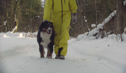 Woman in sportswear walking along the road in winter forest with the dog