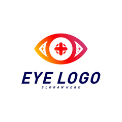 Eyes with Icons Health logo Design concept Vector. Health eye logo Template. Icon symbol.