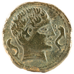 Ancient Iberian bronze coin minted in Bolscan. As. Obverse.
