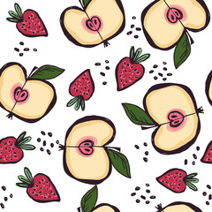 Seamless pattern with doodle style summer fruits and ink stains